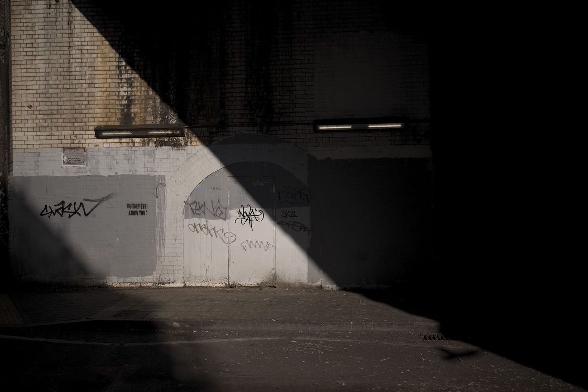 A wall in bright sunlight with strong shadows cast on the wall, taken with the Sigma BF camera and Sigma 35mm F2 DG lens