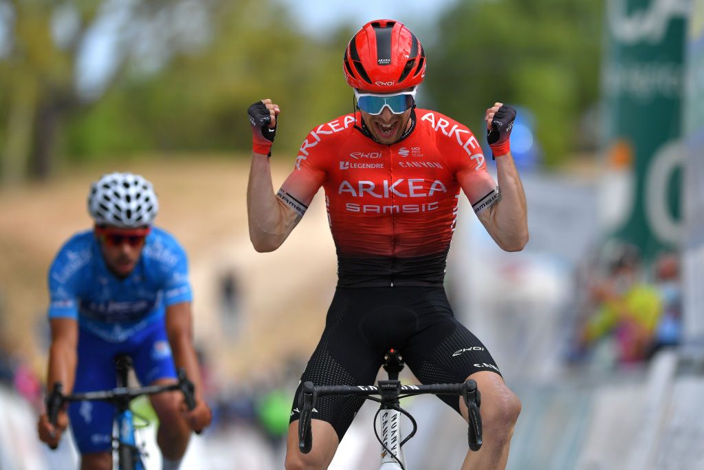 ALTO DO MALHO LOUL PORTUGAL MAY 09 Elie Gesbert of France and Team Arka Samsic stage winner celebrates at arrival during the 47th Volta Ao Algarve 2021 Stage 5 a 1701km stage from Albufeira to Alto do Malho 510m Loul VoltAlgarve VAlgarve2021 on May 09 2021 in Alto do Malho Loul Portugal Photo by Luc ClaessenGetty Images