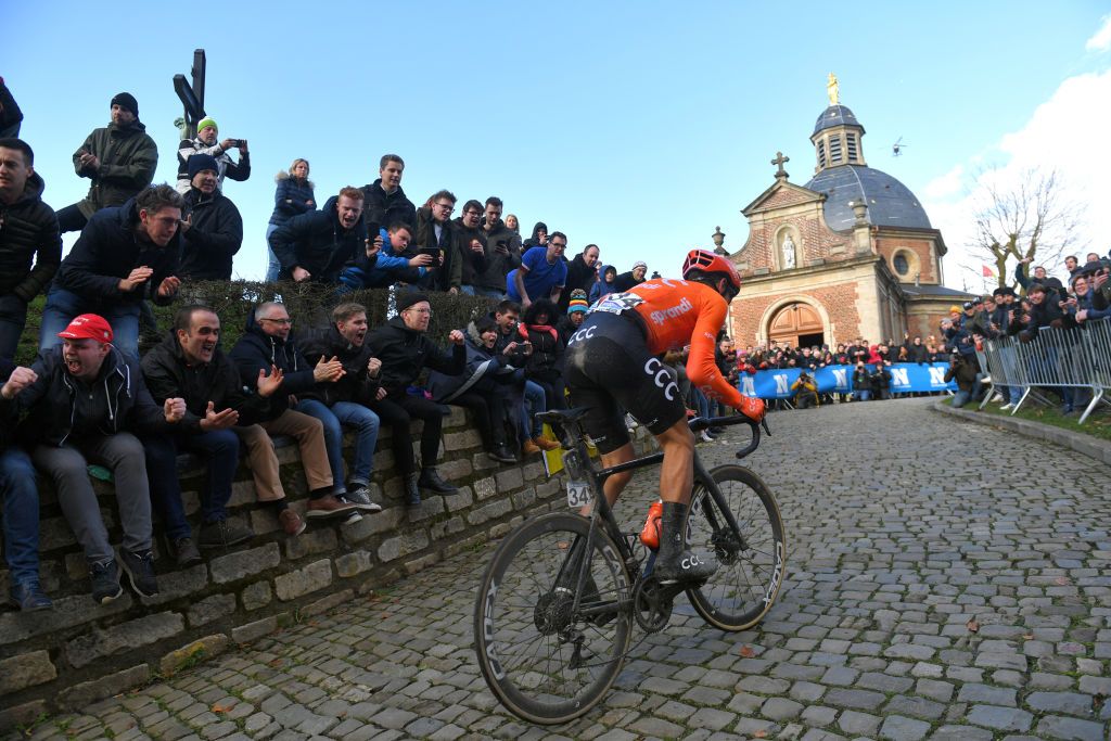 CCC Team’s Matteo Trentin takes on the Muur van Gerrardsbergen at the 2020 Omloop Het Nieuwsblad