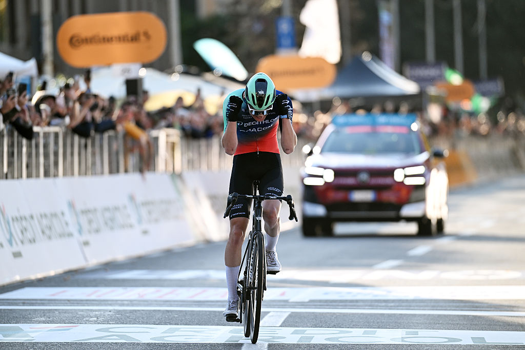 COMO, ITALY - OCTOBER 10: Paul Seixas of France and Team Decathlon CMA CGM celebrates at finish line as race winner during the 120th Il Lombardia 2026 a 239km one day race from Bergamo to Como / #UCIWT / on October 10, 2026 in Como, Italy. (Photo by Dario Belingheri/Getty Images)