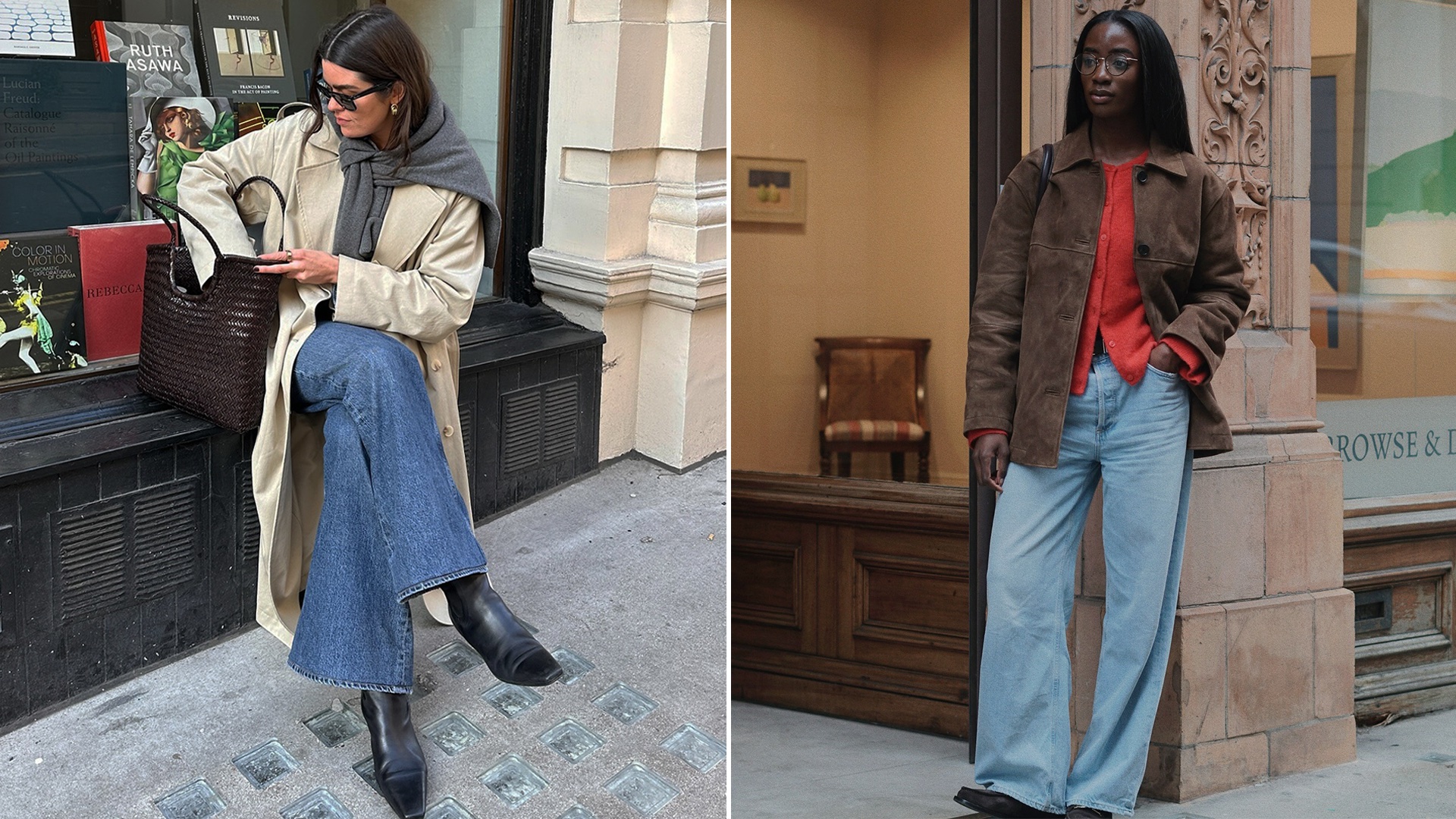 British style influencers Anna Newton and Liv Madeline wearing chic fall outfit ideas with jeans, a trench coat, a suede jacket, a woven bag, and black boots.