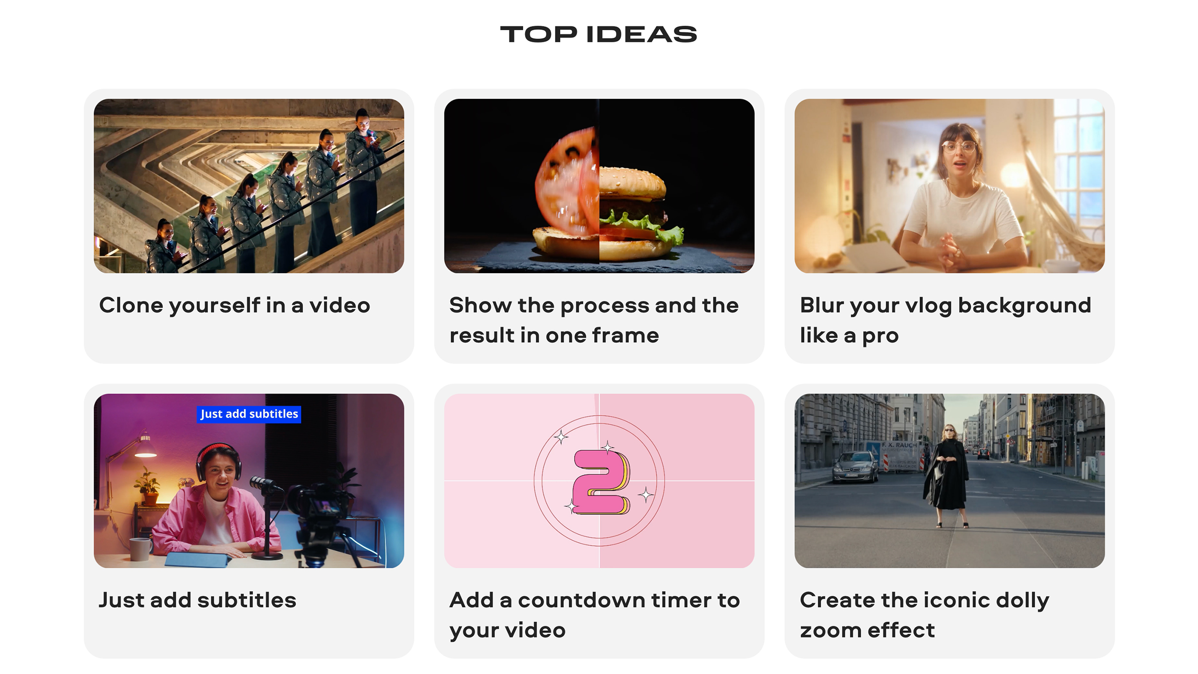&amp;ldquo;Top Ideas graphic showing six video-editing tips with images and captions, including cloning, split-screen effects, subtitles, timers, and dolly zooms"