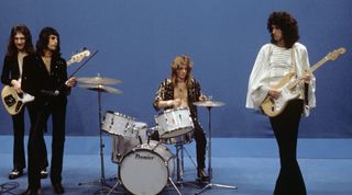 (from left) John Deacon, Freddie Mercury, Roger Taylor, and Brian May of Queen perform in Hilversum, Netherlands on November 22, 1974