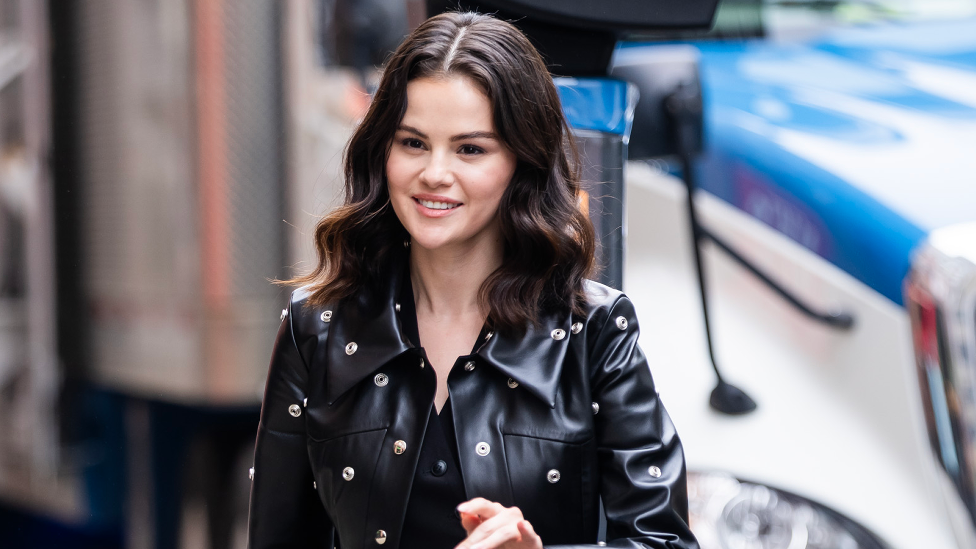 Selena Gomez pulls off a studded leather coat in NYC.
