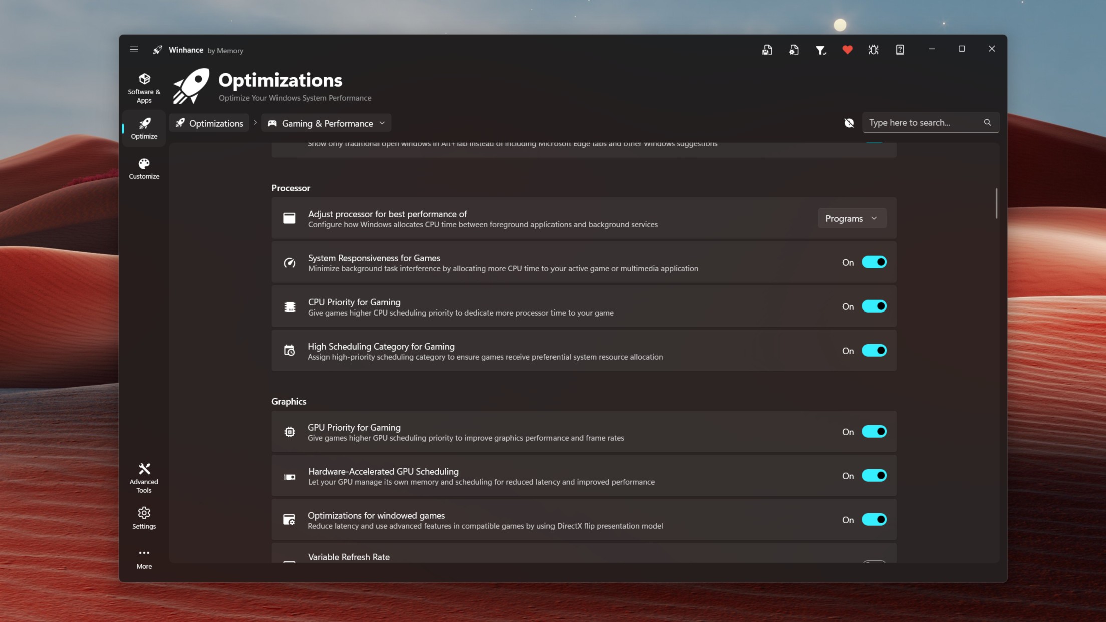 Winhance optimizations for gaming