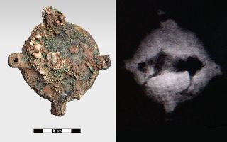 Radiography of a disk revealed the image of an animal, possibly a bull, under layers of corrosion.