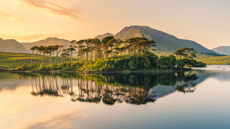 A view across Derryclare Lake at sunset