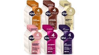 A collection of Gu Energy Gels on a white background