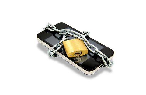 A smartphone wrapped in a metal chain and locked with a padlock