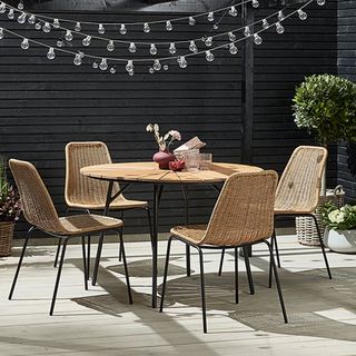 outdoor dining table and chair and light bulbs