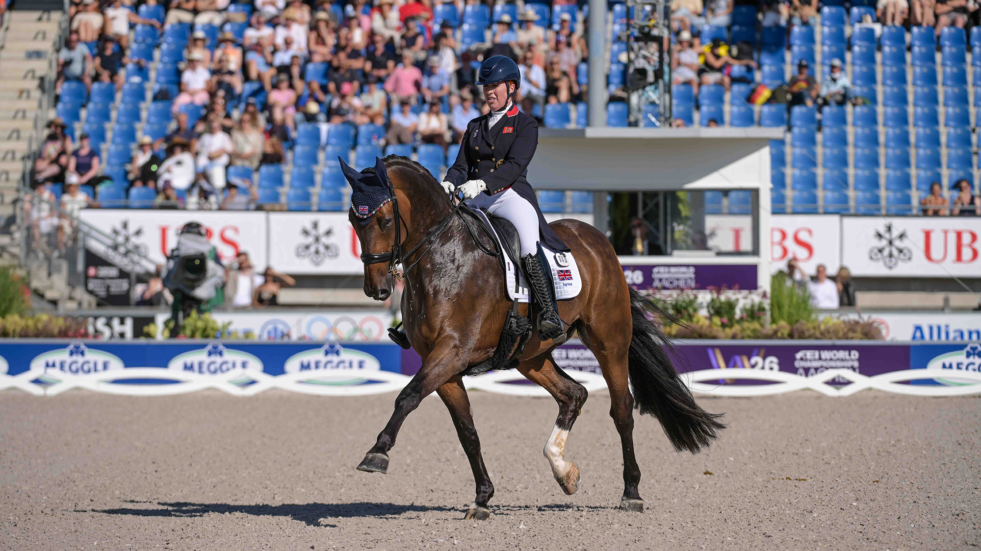 Becky Moody riding Jagerbomb during the grand prix at the FEI Dressage World Championship in Aachen, Germany