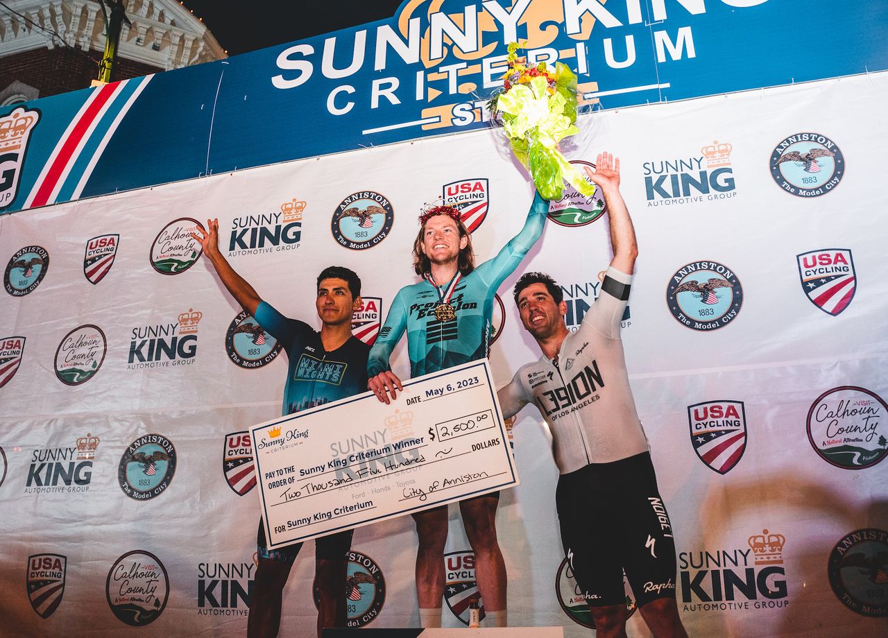 Men's pro podium at 2023 Sunny King Criterium (L to R): runner-up Alfredo Rodriguez (Miami Nights), winner Cade Bickmore (Project Echelon Racing) and third-placed Ty Magner (L39ION of Los Angeles)