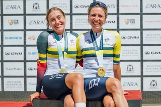 Alli Anderson and Brodie Chapman on the podium after winning the U23 women and elite women's time trials at the AusCycling Road National Championships 2025