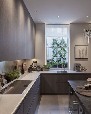 grey contemporary kitchen with garden window and planters