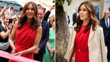 Composite of two pictures of Queen Mary of Denmark wearing a red jumpsuit during a visit to Paris in July 2024