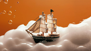 A pirate ship sails across shampoo soap suds