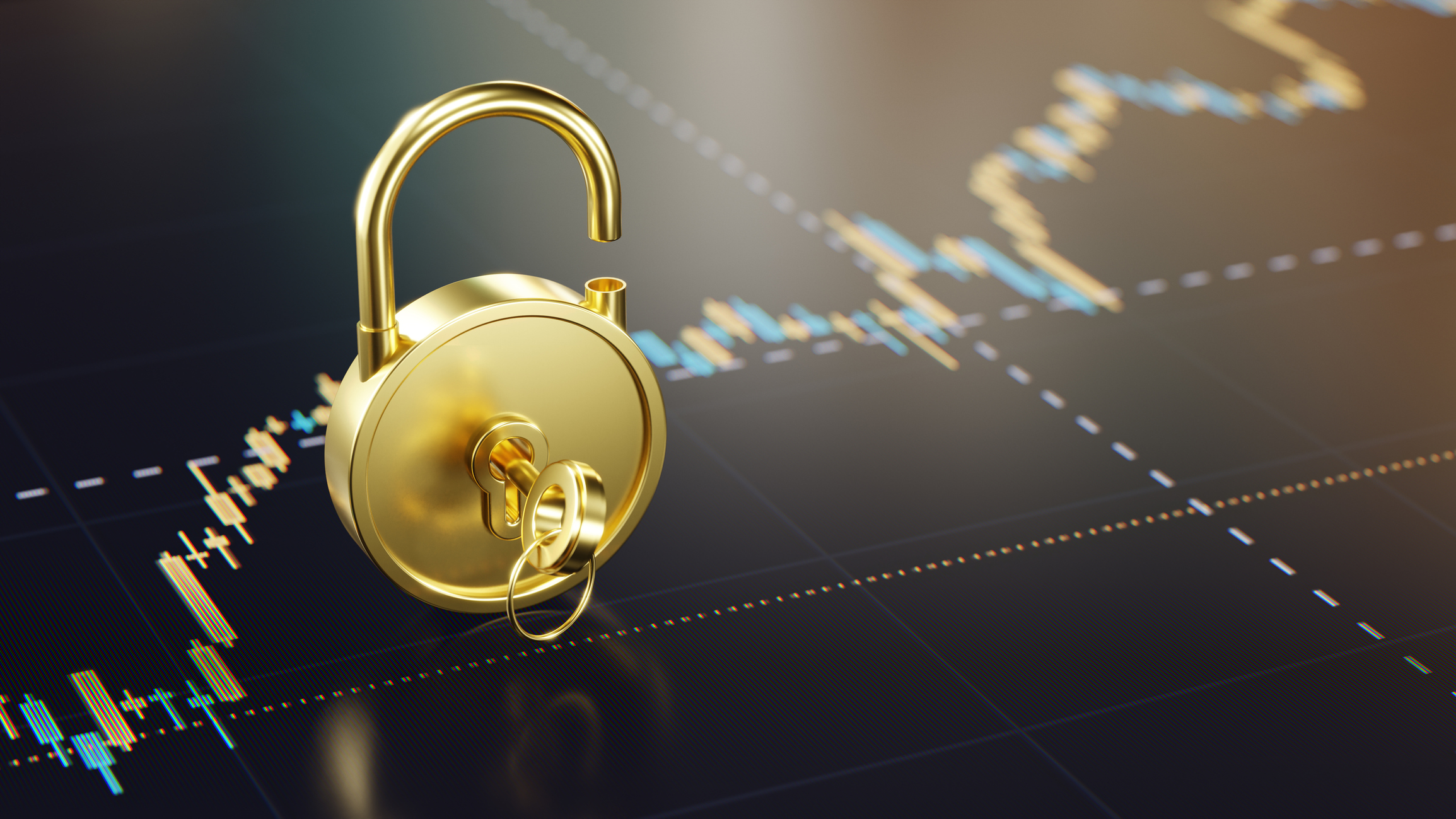 Open Golden Lock with a Key on Digital Display with Financial Graph Background