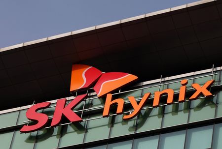 The SK Hynix Semiconductor Inc. logo is displayed at the company's plant during a media tour organized by Korea Industrial Complex Corp. (KICOX) in Cheongju, South Korea, on Friday, Nov. 23, 2012. KICOX, which develops and manages industrial complexes and support for resident enterprises as a public company under South Korea's Ministry of Knowledge Economy, held a media tour to the plant