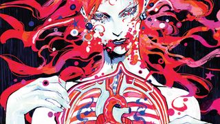 Digital art showing a dragon-eating girl with vibrant red hair