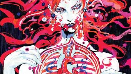 Digital art showing a dragon-eating girl with vibrant red hair