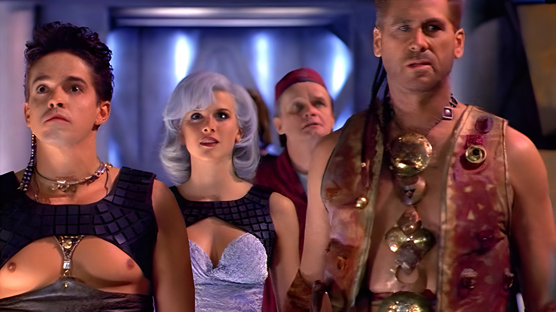 The cast of Lexx showing off their exuberant sci-fi outfits.