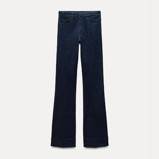 A cutout of dark bootcut jeans