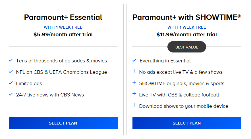 A breakdown of the Paramount Plus pricing structure. $5.99 with ads, or $11.99 without ads.
