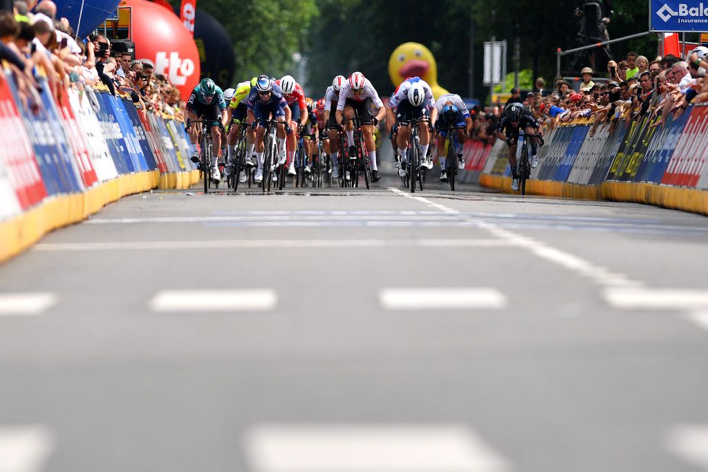 BERINGEN BELGIUM JUNE 19 A general view of Fabio Jakobsen of Netherlands and Team QuickStep Alpha Vinyl Jasper Philipsen of Belgium and Team AlpecinFenix and Gerben Thijssen of Belgium and Team Intermarch Wanty Gobert Matriaux sprint to win during the 91st Baloise Belgium Tour 2022 Stage 5 a 1799km stage from Gingelom to Beringen BaloiseBelgiumTour on June 19 2022 in Beringen Belgium Photo by Luc ClaessenGetty Images