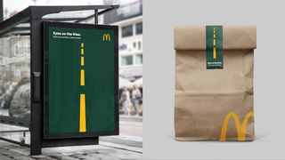 A bus stop poster and McDonald's take away bag featuring the new minimalist 'eyes on the fries' campaign