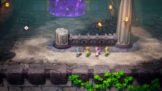 A screenshot from Dragon Quest 2's HD-2D Remake shows four party members walking inside a dungeon.