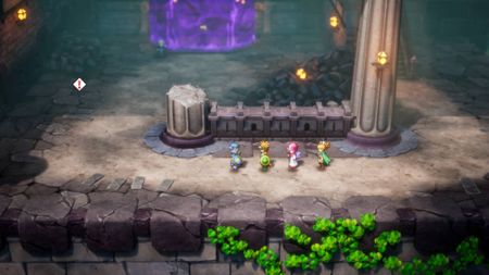 A screenshot from Dragon Quest 2's HD-2D Remake shows four party members walking inside a dungeon.