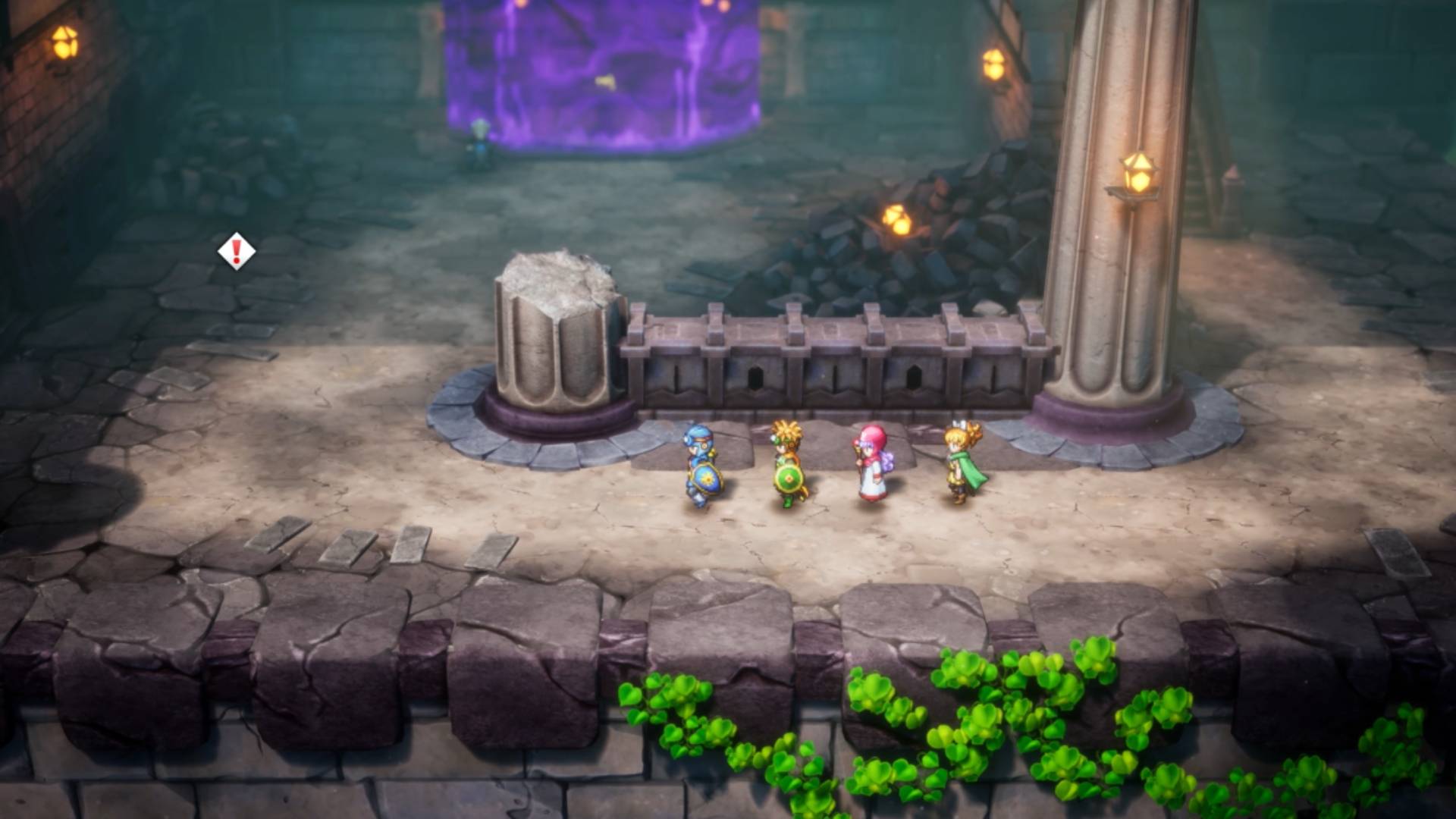 A screenshot from Dragon Quest 2&#039;s HD-2D Remake shows four party members walking inside a dungeon.
