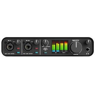 The front panel of a Motu M4 audio interface on a white background
