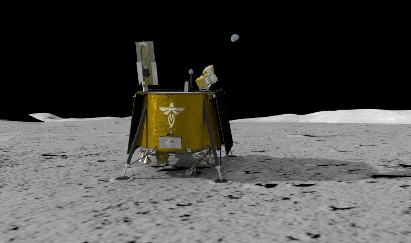 a squat, roughly cube-shaped spacecraft wrapped in gold foil sits on the surface of the moon
