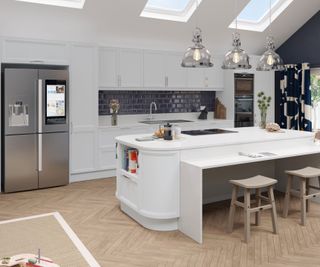 modern white kitchen with curved kitchen island