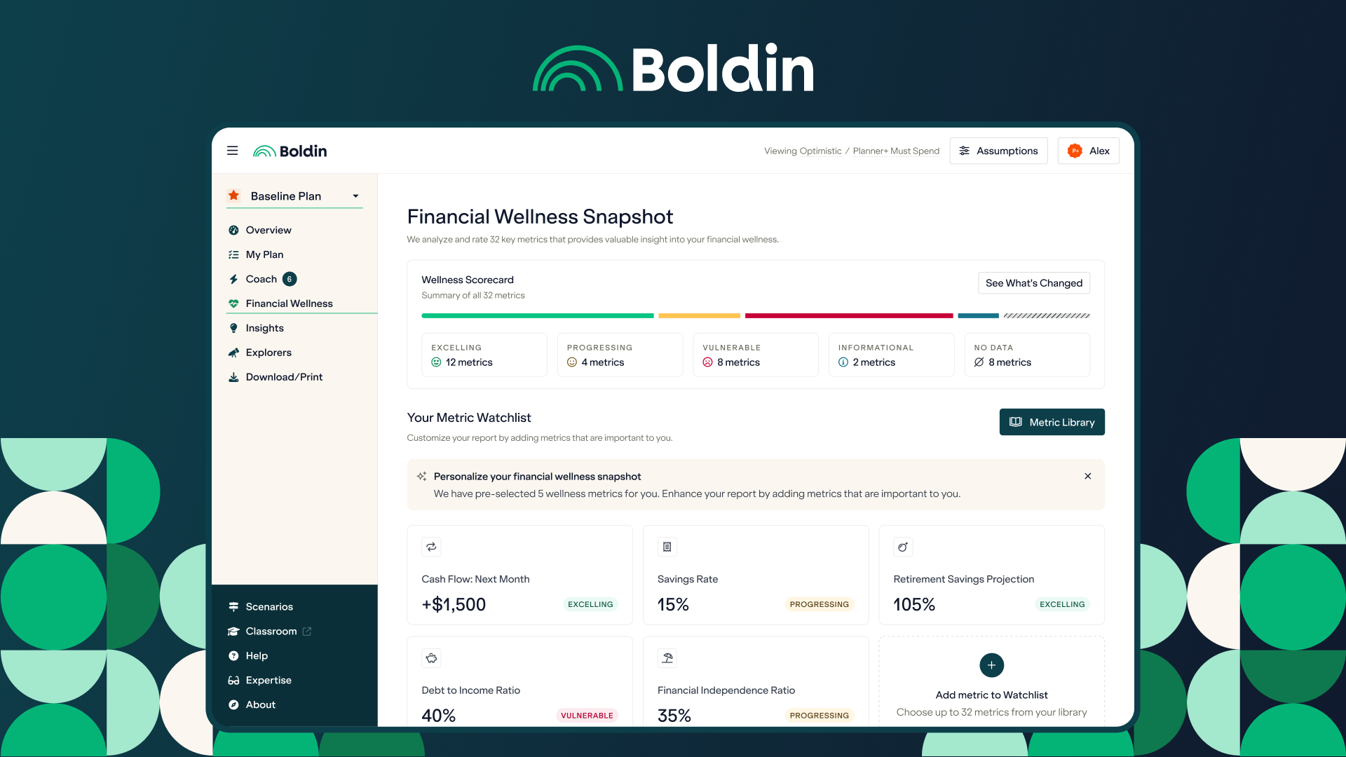 A screenshot of a page from the application Boldin showing a person's &amp;quot;financial wellness snapshot.&amp;quot;