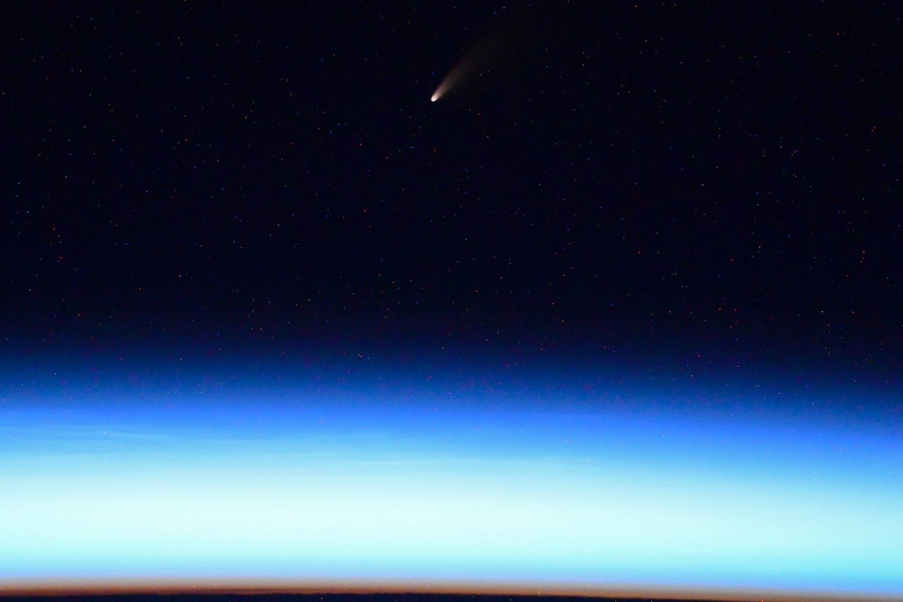 Comet NEOWISE as seen from the International Space Station in a photograph shared by Russian cosmonaut Ivan Vagner on July 4, 2020.