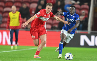 Tommy Conway of Middlesbrough races to get the ball before Azor Matusiwa of Ipswich Town during the Sky Bet Championship match between Middlesbrough and Ipswich Town at the Riverside Stadium 