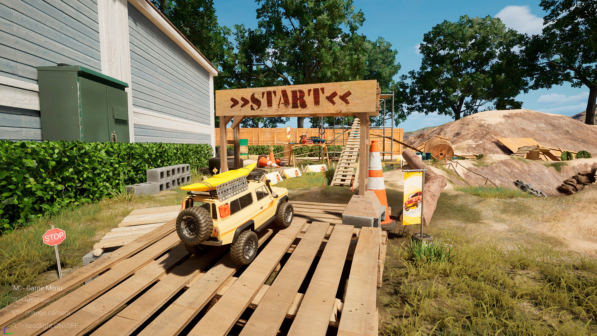 A screenshot from TrophyRC of a small remote controlled truck traversing a backyard obstacle course