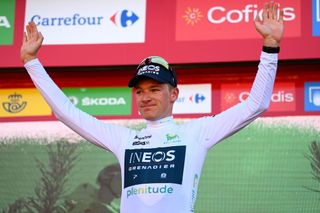 LAGUARDIA SPAIN AUGUST 23 Ethan Hayter of United Kingdom and Team INEOS Grenadiers White Best Young Rider Jersey celebrates at podium during the 77th Tour of Spain 2022 Stage 4 a 1524km stage from VitoriaGasteiz to Laguardia 627m LaVuelta22 WorldTour on August 23 2022 in Laguardia Spain Photo by Tim de WaeleGetty Images