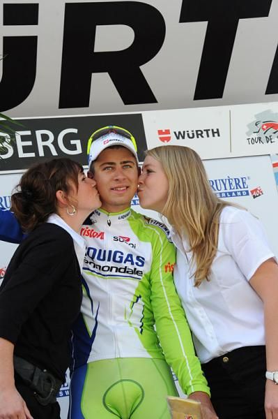 Peter Sagan (Liquigas-Cannondale) gets kisses on the podium