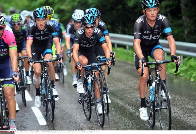 Richie Porte surrounded by his Team Sky teammates