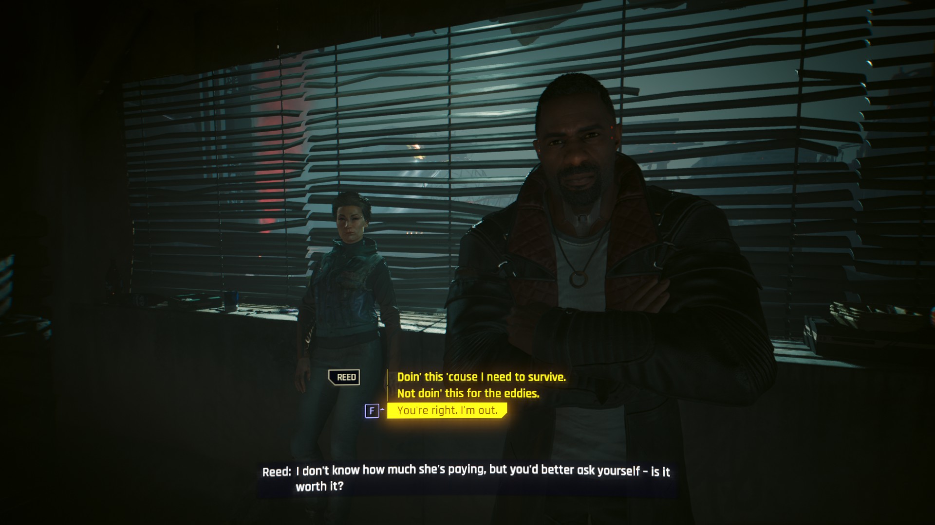 An image of two characters in a shaded room from Cyberpunk 2077, staring intently at the player, who is asked to make a difficult choice.