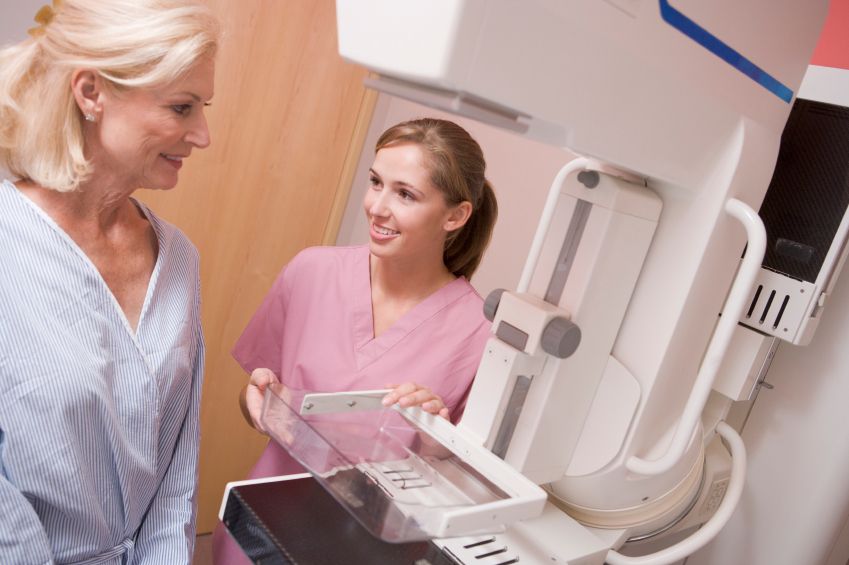 A woman prepares to have a mammogram.