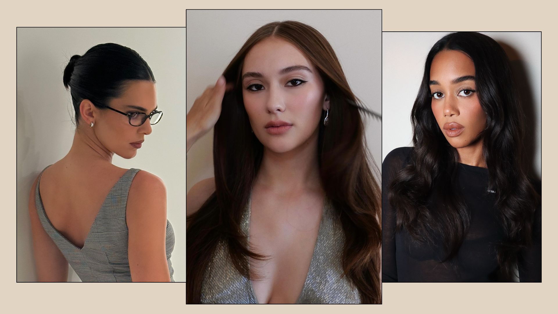A collage of brunette hair colours for autumn, including Kendall Jenner, Lola Tung and Laura Harrier