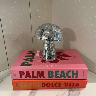 Disco mushroom figurine on top of books