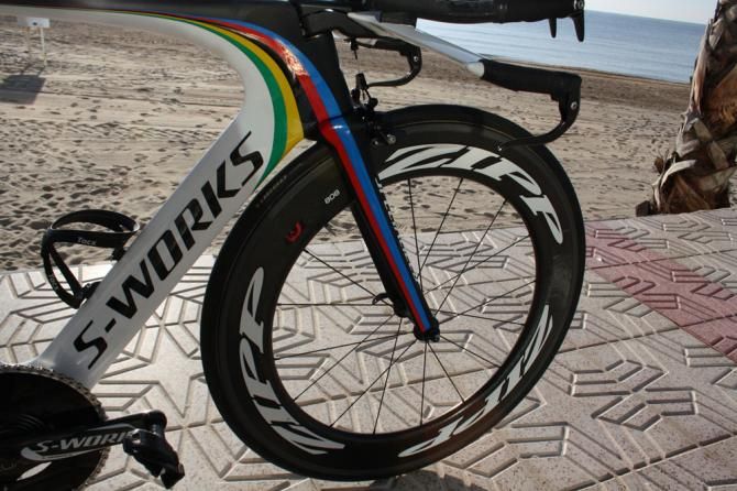 A Zipp 808 front wheel knifes through the air
