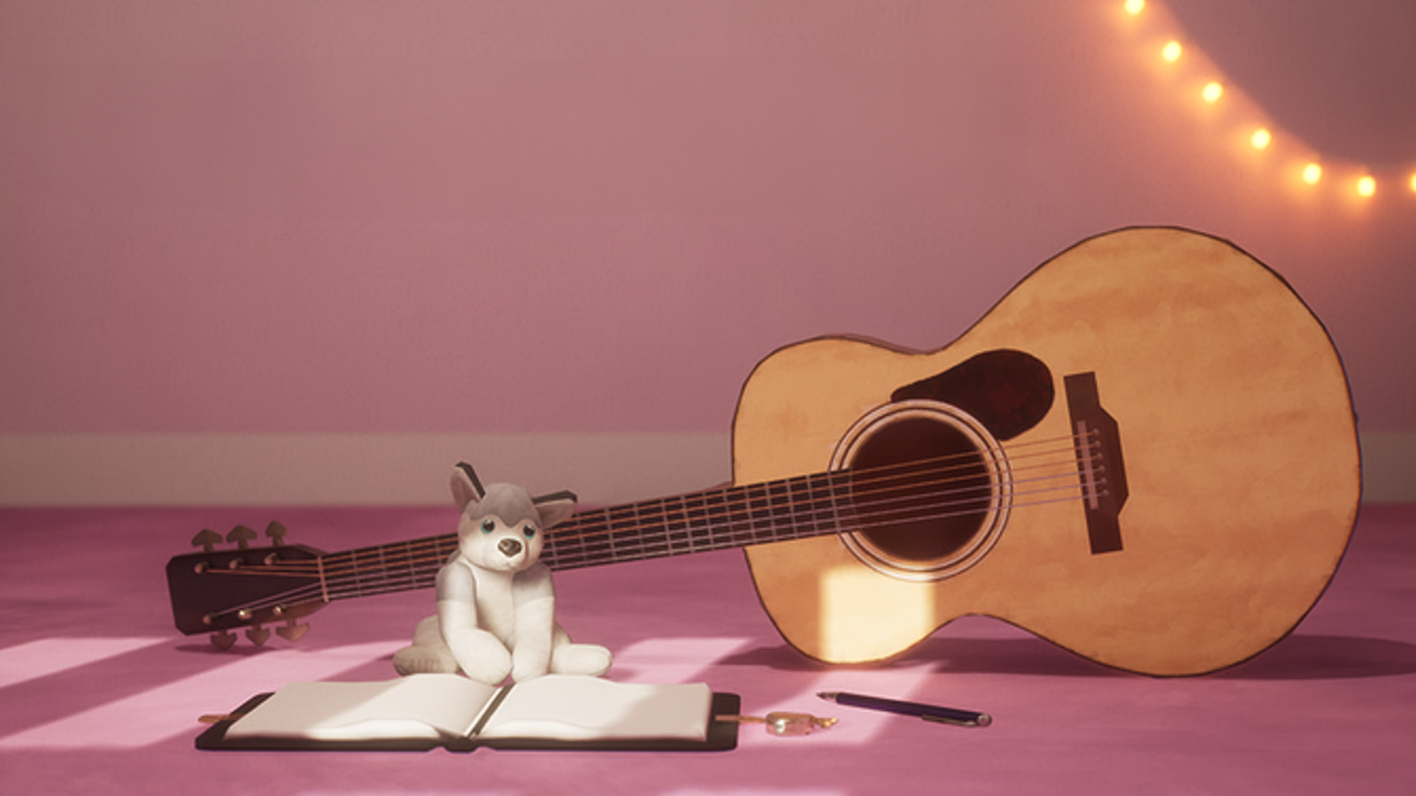 A teddy and a guitar in the game The Quiet Things