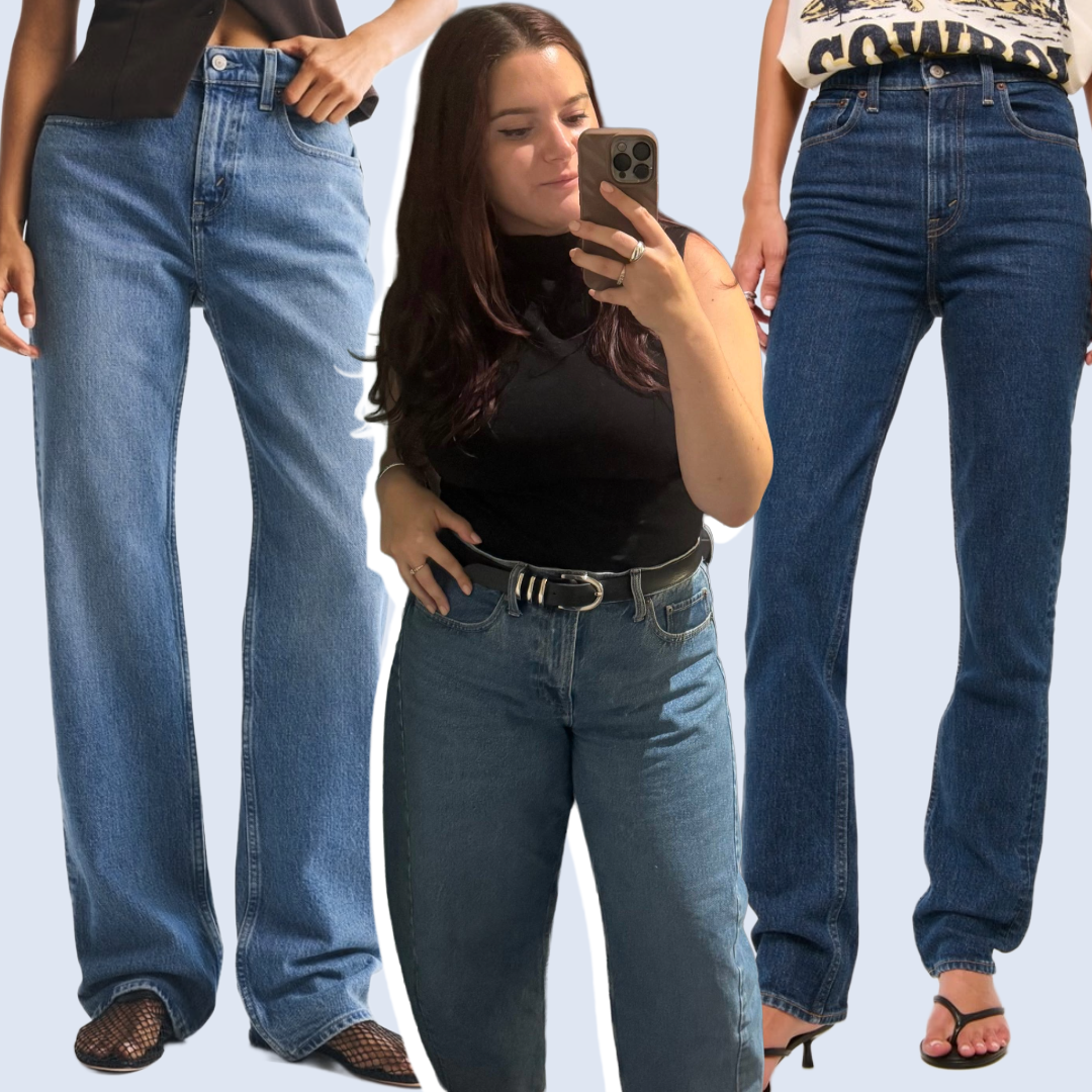 Split image of brooke knappenberger posing in mirror wearing abercrombie jeans overlaid with models in jeans on a light blue background 
