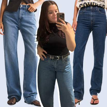 Split image of brooke knappenberger posing in mirror wearing abercrombie jeans overlaid with models in jeans on a light blue background 